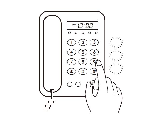 ‘5, 6, 7, 8, 9, 0’번 버튼 중 원하는 전화벨(따르릉) 수를 3회 누르세요