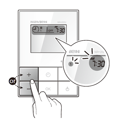 + 또는 - 버튼을 이용하여 온수 순환 정지 시간을 설정하세요.