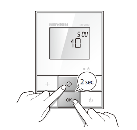 외부 온수 탱크 사용 모드로 전환하기 위해서는 전원이 꺼진 상태에서 타이머와 OK 버튼을 2초간 동시에 누르세요.