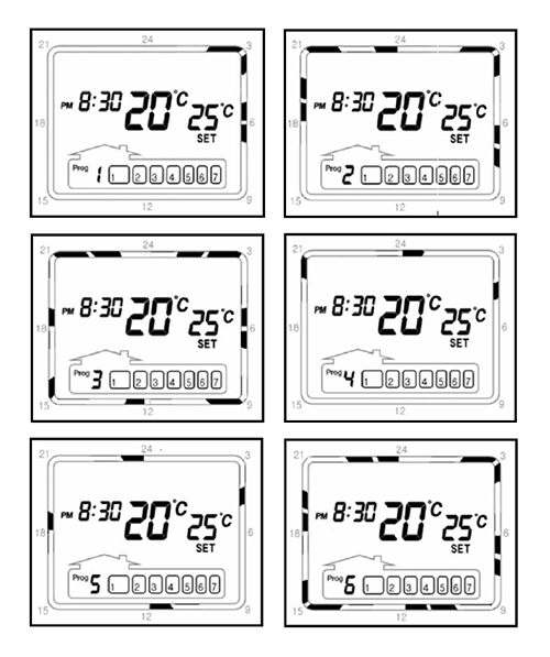 Prog 0- 실내온도모드 / Prog 1- 취침모드 / Prog 2- 맞벌이모드 / Prog 3- 노인유아모드 / Prog 4- 여행모드 / Prog 5- 장마모드 / Prog 6- 혹한기모드