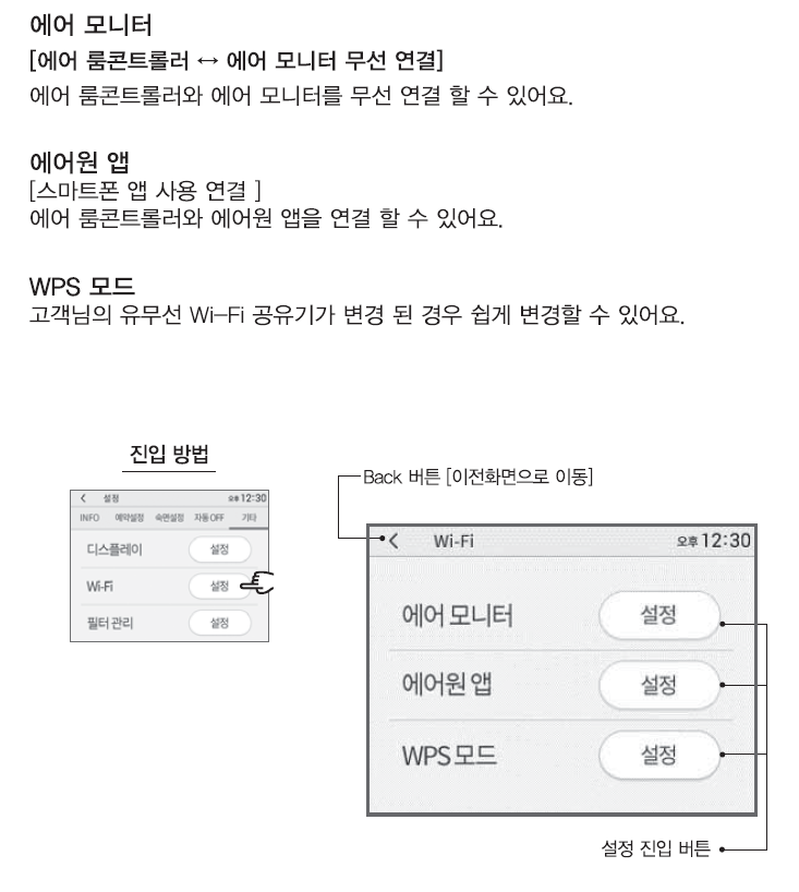 Wi-Fi (연결)  - 에어모니터 연결 / 에어원 앱 연결 / WPS 모드(유무선 공유기 변경)